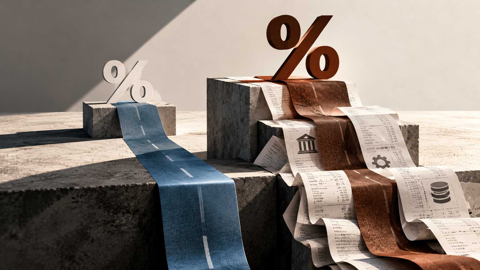 Finanziamenti alle imprese: perché il tasso d’interesse non basta per capire quanto costa davvero il credito 1 Due simboli percentuali su percorsi diversi: uno lineare, l’altro accompagnato da ricevute e spese aggiuntive.