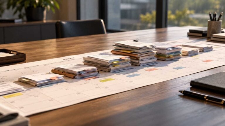 Cash flow aziendale: come individuare in anticipo il momento in cui servirà nuova finanza 1 Calendario di tesoreria su un tavolo con documenti e scadenze concentrate nelle settimane centrali