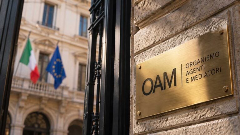 Registro Merchant, scadenza a metà ottobre: cosa devono verificare ora imprese e intermediari 1 Targa OAM all’ingresso di un edificio istituzionale, con bandiere italiana ed europea sullo sfondo